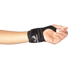 Load image into Gallery viewer, View of the left palm and inner part of the left forearm. Bioskin  Wrist Compression Wrap on the left wrist.
